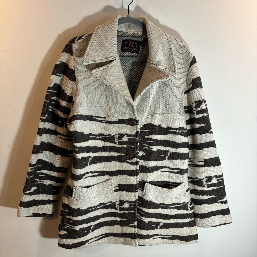LOGHOUSE Sz M 100% Wool Cardigan Point Lapel Button Closure Pockets Side Slit